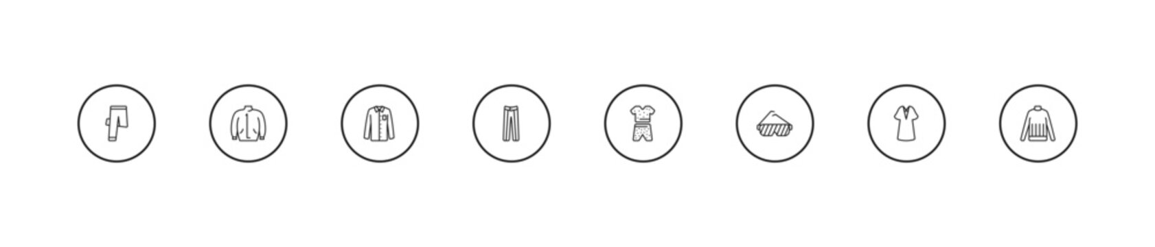 outline clothes icons set - formal shirt, oxford wave suit pants, pyjamas. editable vector for web and mobile ui