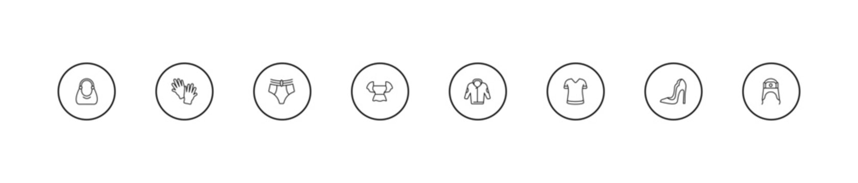 outline clothes icons set - knickers, peplum top, jogging jacket. editable vector for web and mobile ui