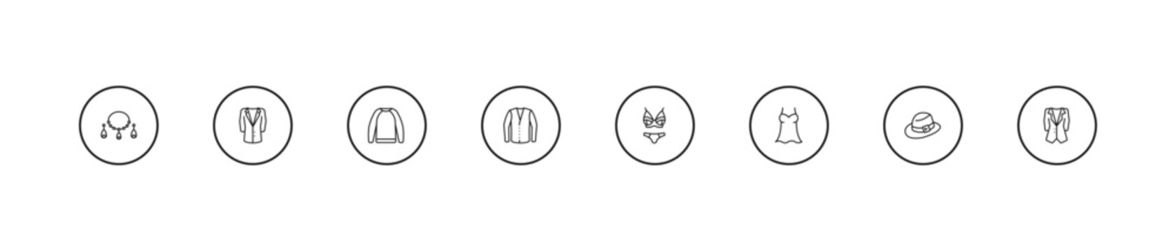 outline clothes icons set - sweatshirt, cotton cardigan, lingerine. editable vector for web and mobile ui