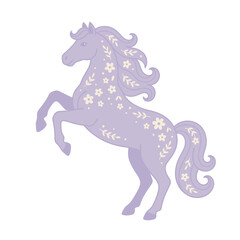 Fototapeta premium Whimsical Lavender Horse Illustration with Cream Floral Motifs and Flowing Mane for Childrens Book Covers and Decorative Wall Art