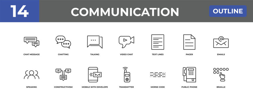 outline communication icons set - chat message, chatting, public phone. editable vector for web and mobile ui