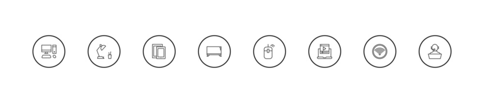 outline computer icons set - responsive de, tv screen, computer mouse device. editable vector for web and mobile ui