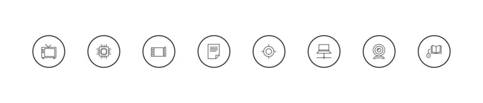 outline computer icons set - tablet tool, data page, calibrate. editable vector for web and mobile ui