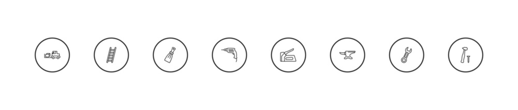 outline construction tools icons set - scratcher tool, hand drill, staple gun. editable vector for web and mobile ui