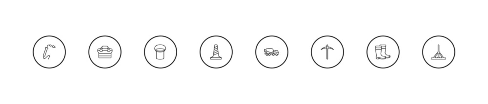 outline construction tools icons set - bucket, road construction, concrete mixer. editable vector for web and mobile ui