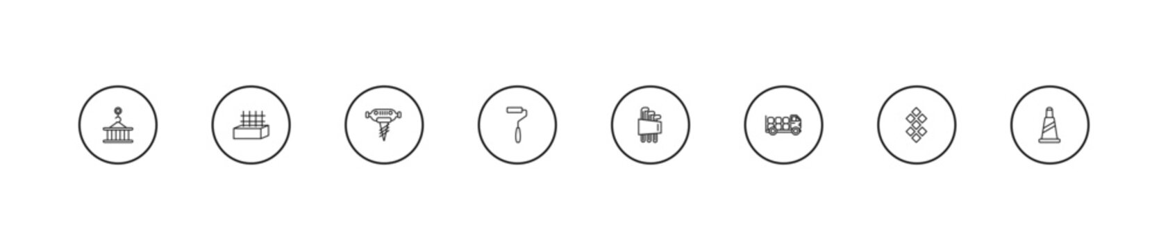 outline construction tools icons set - pickaxes drilling, paint roller, hex key. editable vector for web and mobile ui