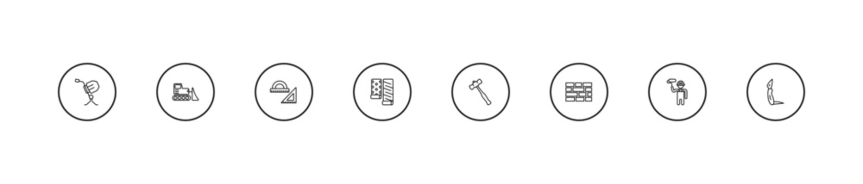 outline construction and tools icons set - angle ruler, wallpaper, sledge hammer. editable vector for web and mobile ui