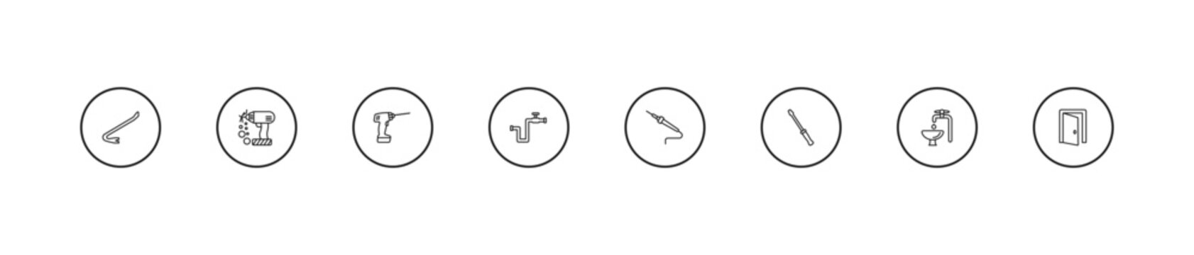 outline construction icons set - drill, gas pipe, solder. editable vector for web and mobile ui