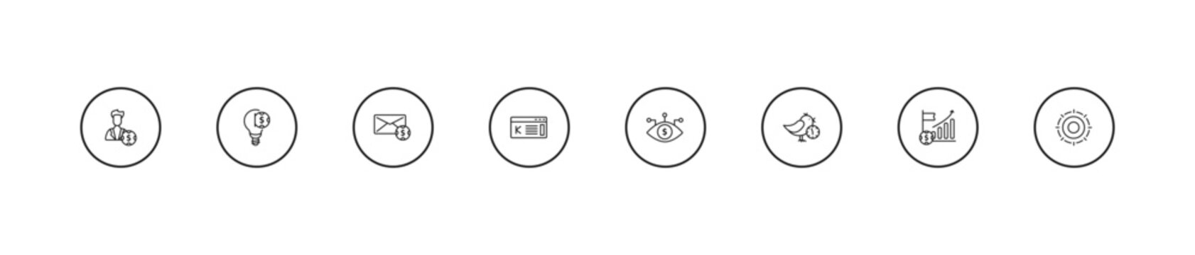 outline crowdfunding icons set - mailing, kickstarter, bionic contact lens. editable vector for web and mobile ui
