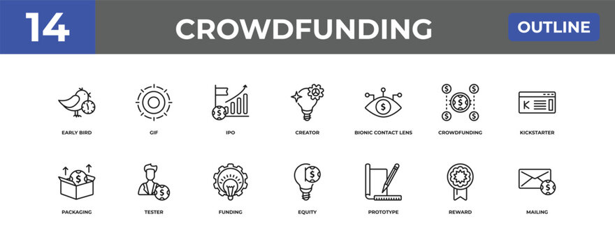 outline crowdfunding icons set - early bird, gif, reward. editable vector for web and mobile ui