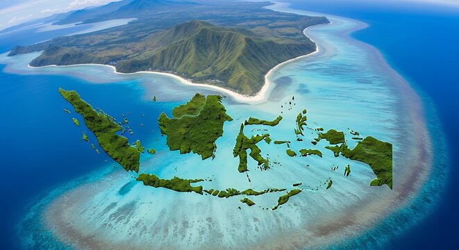 Aerial view of Indonesian islands and coral reef
