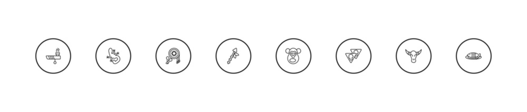 outline culture icons set - native american drum, native american spear, chimp face of brazil. editable vector for web and mobile ui