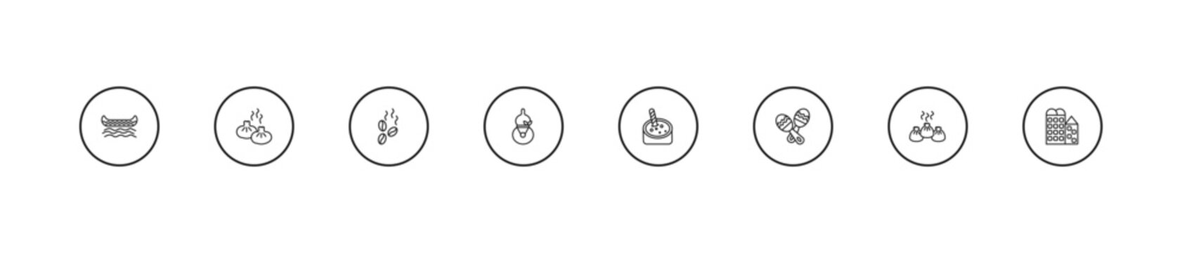 outline culture icons set - coffee grains, kalabas, crema catalana. editable vector for web and mobile ui