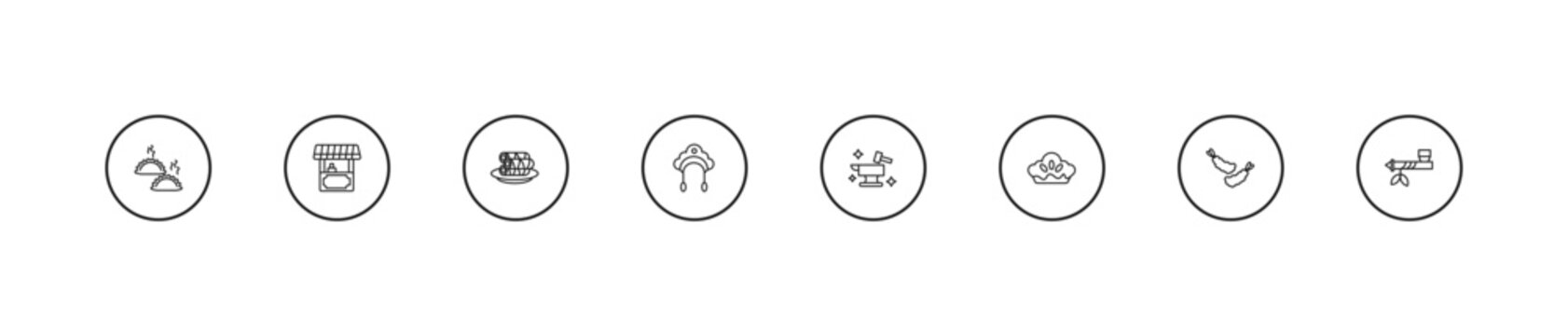 outline culture icons set - spring rolls, kokoshnik, blacksmith. editable vector for web and mobile ui