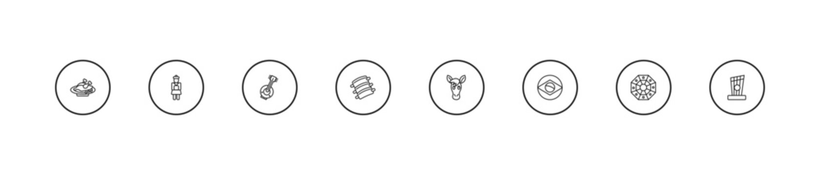 outline culture icons set - kora, pork ribs, horse head. editable vector for web and mobile ui