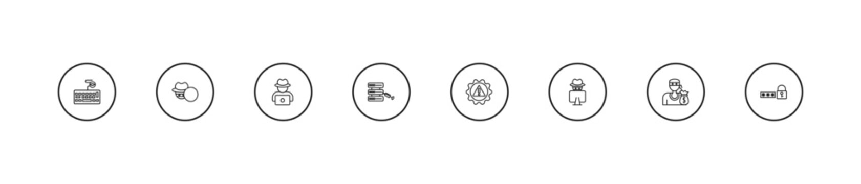 outline cyber icons set - hack, code injection, risk. editable vector for web and mobile ui