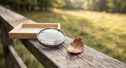 Obraz premium Magnifying Glass with Dry Leaf on Wooden Rail
