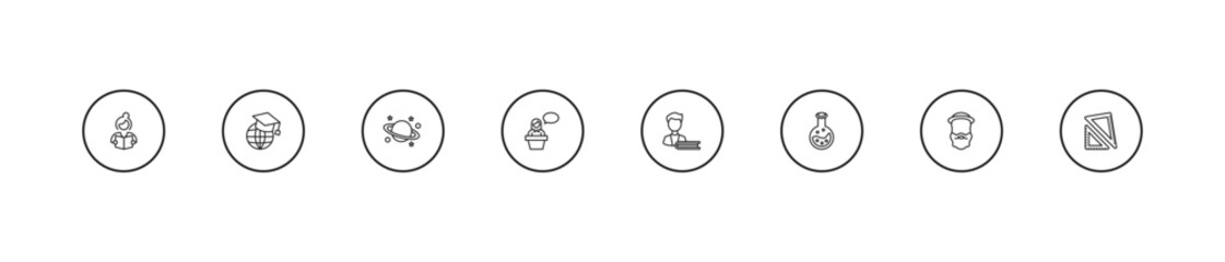 outline education icons set - planet saturn, lecture, student and books. editable vector for web and mobile ui © IconArt