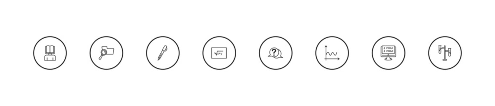 outline education icons set - pen, square root in class, question. editable vector for web and mobile ui