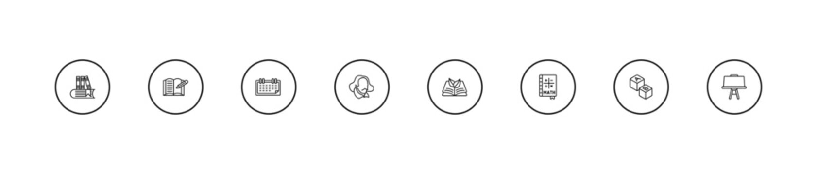 outline education collection. icons set - monthly calendar, shakespeare, eco book. editable vector for web and mobile ui