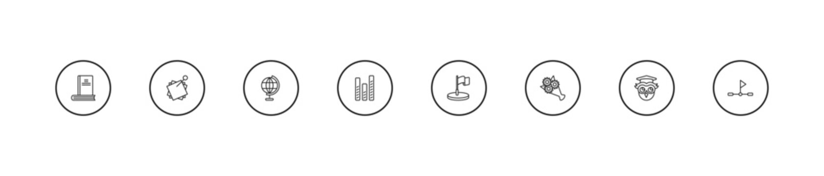 outline education icons set - classroom globe, bars, location flag. editable vector for web and mobile ui