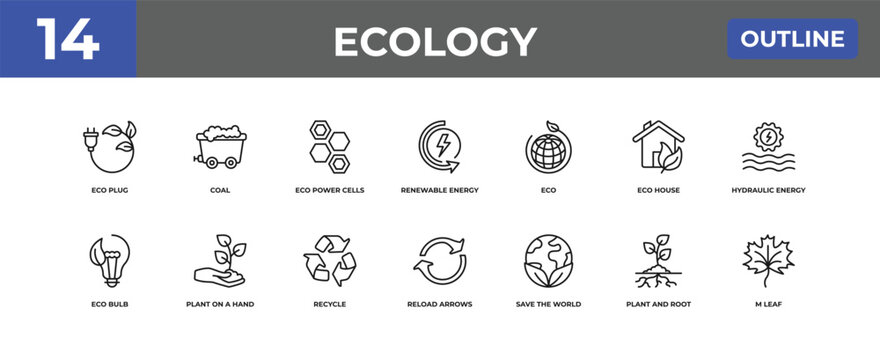 outline ecology icons set - eco plug, coal, plant and root. editable vector for web and mobile ui