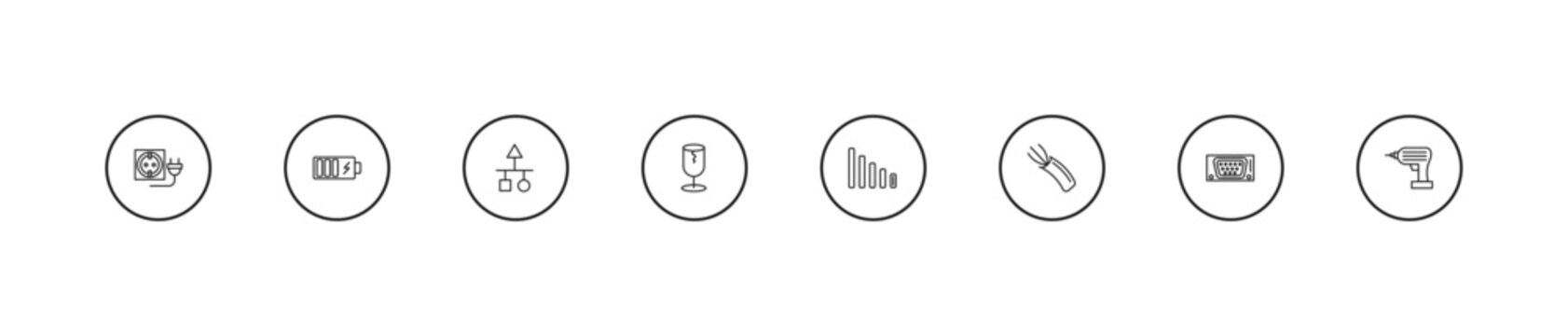 outline electrian connections icons set - scheme, broken, low. editable vector for web and mobile ui