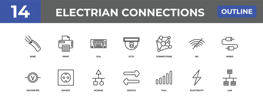 outline electrian connections icons set - wire, print, electricity. editable vector for web and mobile ui