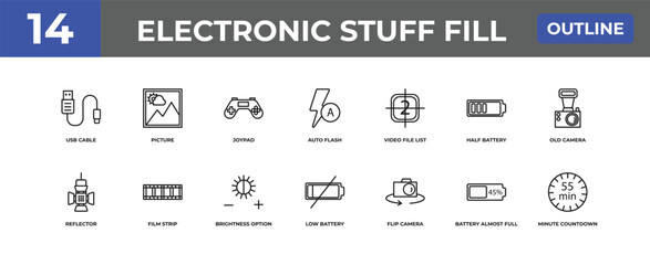 outline electronic stuff fill icons set - usb cable, picture, battery almost full. editable vector for web and mobile ui © IconArt