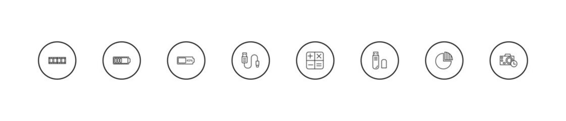 Fototapeta premium outline electronic stuff fill icons set - battery almost full, usb cable, calculating. editable vector for web and mobile ui