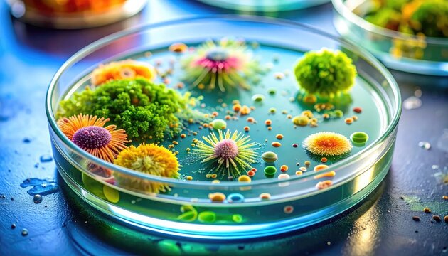Colorful microbial colonies in petri dish illustrate scientific research