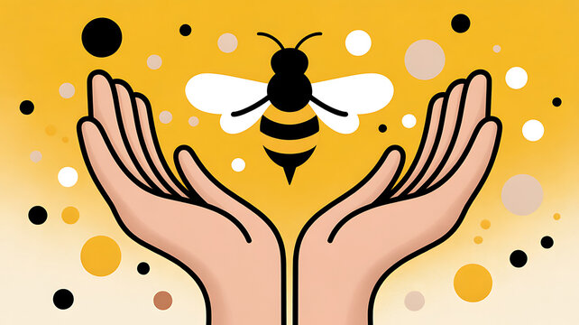 A cartoon illustration of two hands cupped around a flying bee with a yellow gradient background and various sized dots