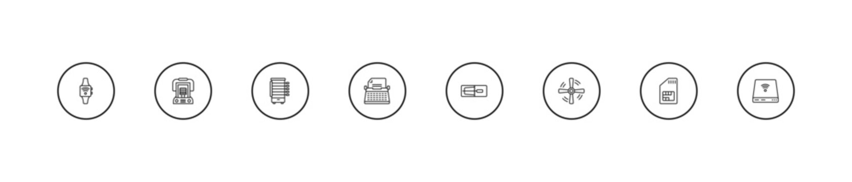 outline electronic devices icons set - rotisserie, typewriter, mourap. editable vector for web and mobile ui