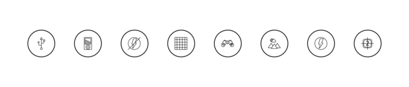 outline electronic stuff fill icons set - flash off, screen grid, joypad. editable vector for web and mobile ui