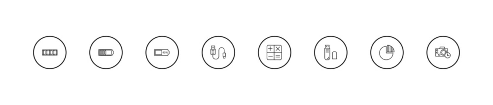 outline electronic stuff fill icons set - battery almost full, usb cable, calculating. editable vector for web and mobile ui