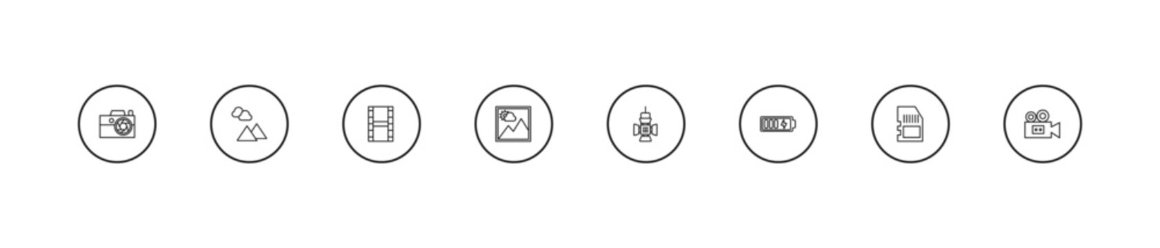 outline electronic stuff fill icons set - film roll, picture, reflector. editable vector for web and mobile ui