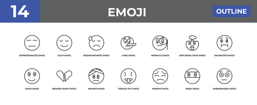outline emoji icons set - expressionless emoji, calm emoji, ninja editable vector for web and mobile ui