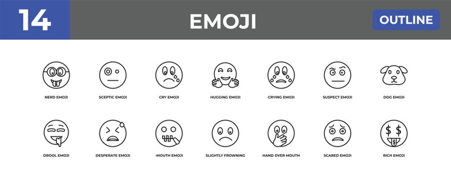 outline emoji icons set - nerd emoji, sceptic emoji, scared editable vector for web and mobile ui