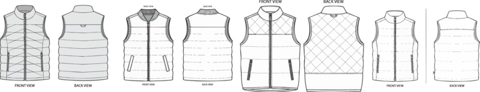 Sleeveless padded vest technical sketch, front and back view fashion flat drawing, quilted panel and zip detail, cad drawing flat vector illustration, vector isolated on white