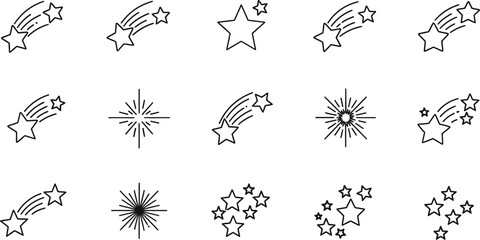 Collection of star and comet icons, representing celestial bodies and events, shooting star © RINA