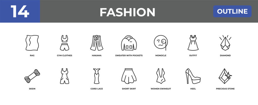 outline fashion icons set - rag, gym clothes, heel. editable vector for web and mobile ui