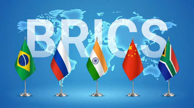 BRICS summit concept with Brazil, Russia, India, China and South Africa flags on world map background. 
