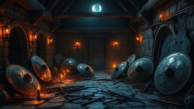Interior of a Viking-style hall with split wooden shields and broken weapons scattered across the stone floor.