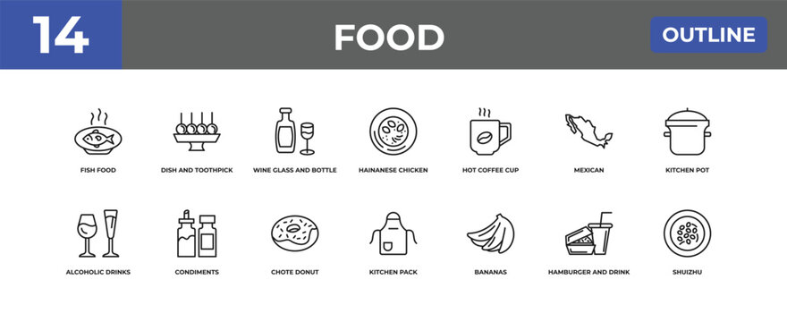 outline food icons set - fish food, dish and toothpick, hamburger and drink. editable vector for web and mobile ui