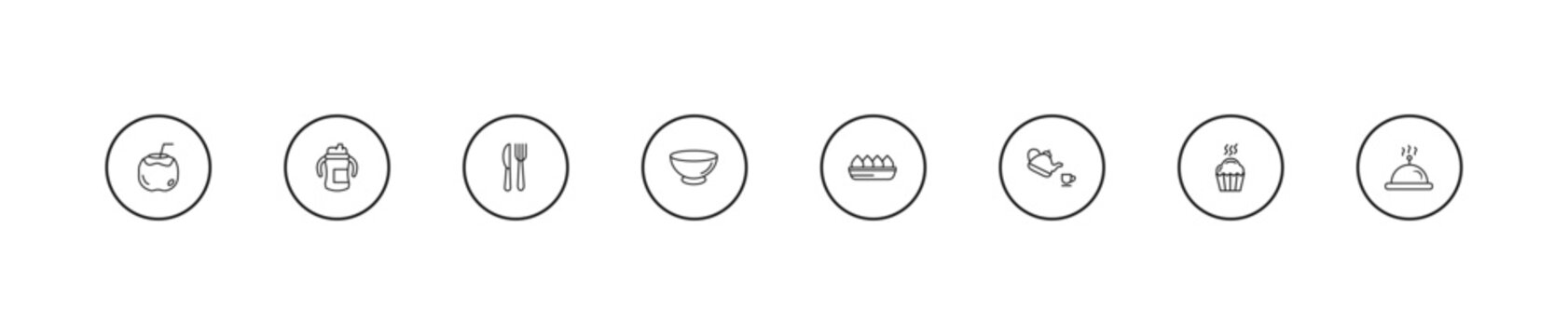outline food icons set - knife and fork, empty bowl, fried tofu curd balls. editable vector for web and mobile ui