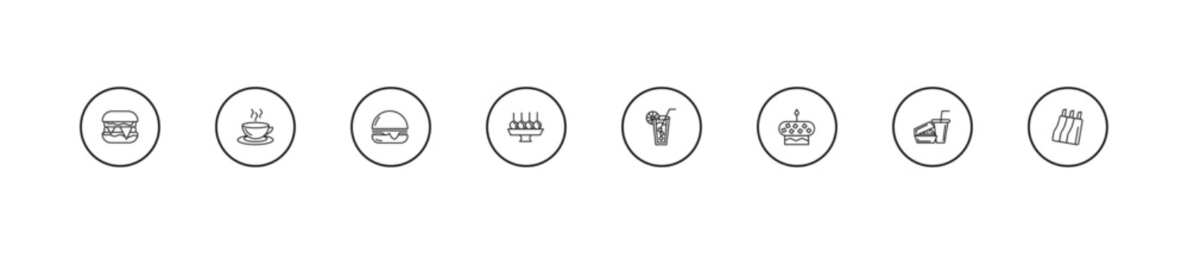 outline food icons set - hamburger with bacoon, dish and toothpick, cold drink. editable vector for web and mobile ui