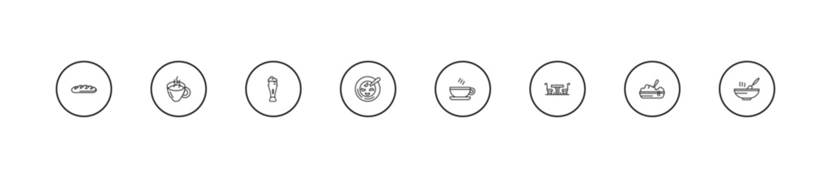 outline food icons set - jar of beer, red bean soup, coffee cup with steam. editable vector for web and mobile ui