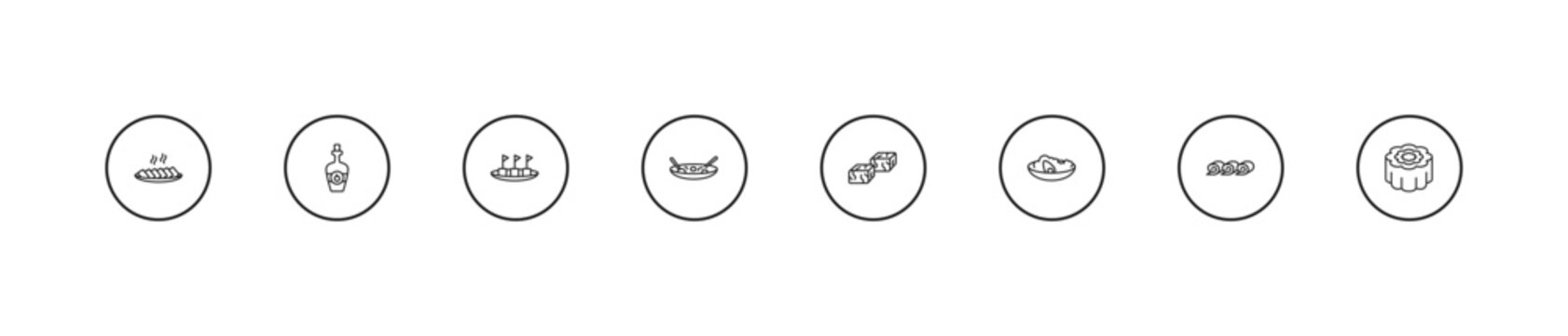 outline food and restaurant icons set - maria mole, beef chow fun, sachima. editable vector for web and mobile ui