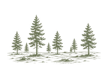 Obraz premium Classic evergreen pine forest landscape in vintage hand drawn engraving vector illustration style for mountain adventure and outdoor leisure themes.