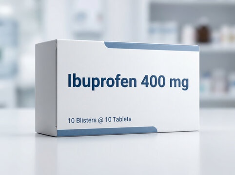 White box of Ibuprofen 400 mg pain relief medicine on a pharmacy counter background